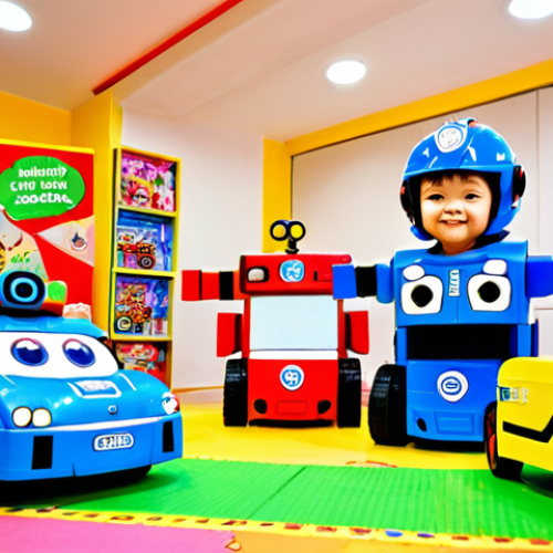 Home 19 **
A group of diverse Malaysian children are excitedly playing with Robocar Poli toys in a vibrant, imaginative playroom. The room is filled with creative constructions made from recycled materials: cardboard box headquarters decorated with hand-drawn logos and blinking fairy lights, a city built from colorful building blocks with skyscrapers and a landing pad, and customized Robocar Poli vehicles with wings and gadgets. The children are role-playing a rescue scenario, laughing and collaborating together.
**