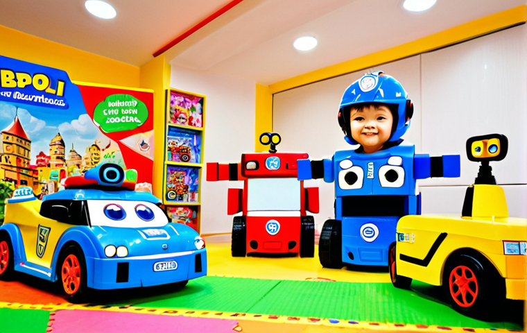 **
A group of diverse Malaysian children are excitedly playing with Robocar Poli toys in a vibrant, imaginative playroom. The room is filled with creative constructions made from recycled materials: cardboard box headquarters decorated with hand-drawn logos and blinking fairy lights, a city built from colorful building blocks with skyscrapers and a landing pad, and customized Robocar Poli vehicles with wings and gadgets. The children are role-playing a rescue scenario, laughing and collaborating together.
**