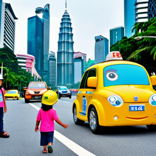 Home 18 **
"Robocar Poli team (Poli, Amber, Roy, Helly) teaching children about road safety in a vibrant Malaysian city street. The background includes recognizable Malaysian landmarks like the Petronas Twin Towers. Children are wearing helmets and seatbelts. Focus on positive and educational atmosphere."
**