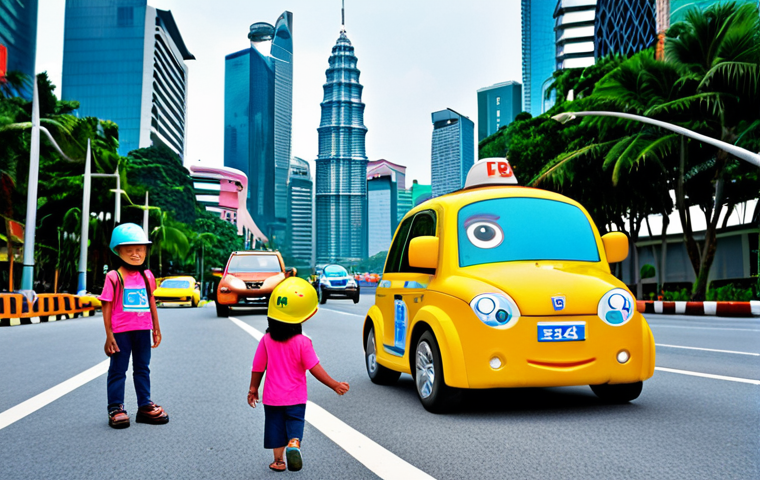 **

"Robocar Poli team (Poli, Amber, Roy, Helly) teaching children about road safety in a vibrant Malaysian city street. The background includes recognizable Malaysian landmarks like the Petronas Twin Towers. Children are wearing helmets and seatbelts. Focus on positive and educational atmosphere."

**