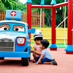 **Prompt:** A heartwarming scene depicting children playing together, inspired by the teamwork of Robocar Poli. The setting is a vibrant playground with elements of Malaysian culture subtly incorporated, showcasing the values of friendship and cooperation.