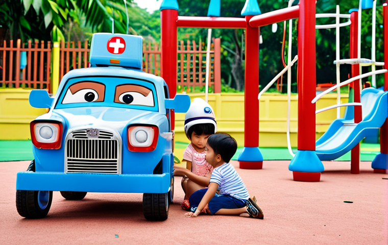 **Prompt:** A heartwarming scene depicting children playing together, inspired by the teamwork of Robocar Poli. The setting is a vibrant playground with elements of Malaysian culture subtly incorporated, showcasing the values of friendship and cooperation.