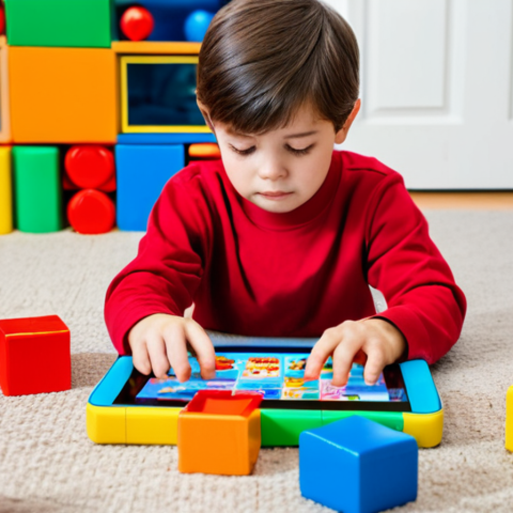 A young child, approximately 6 years old, fully clothed in modest, comfortable play attire, deeply focused on building a complex structure with large, colorful building blocks on the floor. The child's expression shows thoughtful concentration and problem-solving, with their hands actively engaged with the blocks. In the soft-focused background, a tablet screen is visible, turned off or showing a static educational image, symbolizing a break from screen time. The room is a bright, family-friendly play area with natural light. Perfect anatomy, correct proportions, natural pose, well-formed hands, proper finger count. Professional photography, high quality, safe for work, appropriate content, family-friendly.