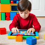 A young child, approximately 6 years old, fully clothed in modest, comfortable play attire, deeply focused on building a complex structure with large, colorful building blocks on the floor. The child's expression shows thoughtful concentration and problem-solving, with their hands actively engaged with the blocks. In the soft-focused background, a tablet screen is visible, turned off or showing a static educational image, symbolizing a break from screen time. The room is a bright, family-friendly play area with natural light. Perfect anatomy, correct proportions, natural pose, well-formed hands, proper finger count. Professional photography, high quality, safe for work, appropriate content, family-friendly.