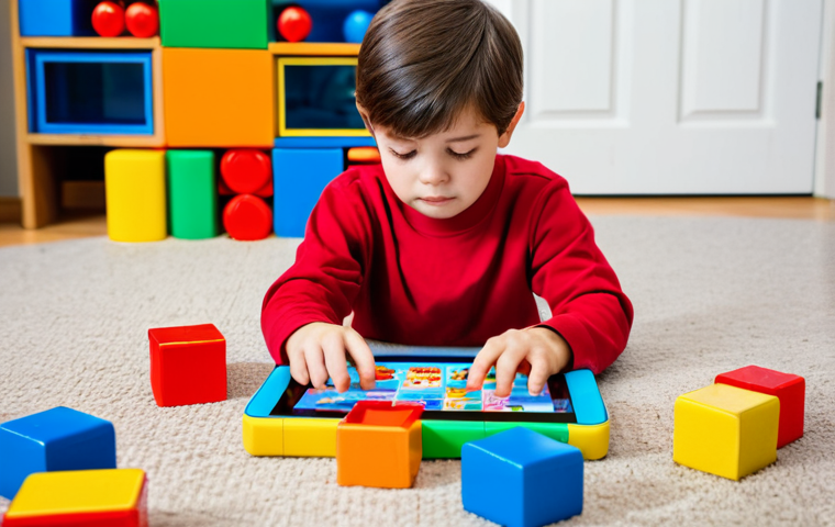 A young child, approximately 6 years old, fully clothed in modest, comfortable play attire, deeply focused on building a complex structure with large, colorful building blocks on the floor. The child's expression shows thoughtful concentration and problem-solving, with their hands actively engaged with the blocks. In the soft-focused background, a tablet screen is visible, turned off or showing a static educational image, symbolizing a break from screen time. The room is a bright, family-friendly play area with natural light. Perfect anatomy, correct proportions, natural pose, well-formed hands, proper finger count. Professional photography, high quality, safe for work, appropriate content, family-friendly.