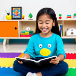 A joyful young Malaysian child, fully clothed in modest, comfortable attire, sitting attentively on a colorful floor mat in a bright, modern living room. The child is happily engaged with an educational animation displayed on a tablet, with eyes sparkling in curiosity. The screen displays vibrant, cartoon-like characters teaching positive values. The background features bookshelves and simple, age-appropriate toys, suggesting a family-friendly learning environment. Professional studio lighting, high-quality photography, perfect anatomy, correct proportions, natural pose, well-formed hands, proper finger count, natural body proportions, safe for work, appropriate content, fully clothed, family-friendly.