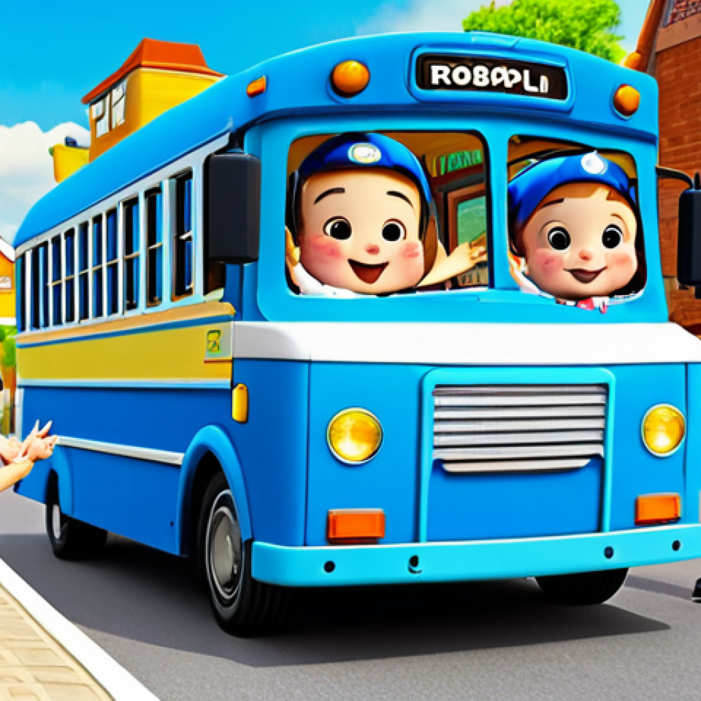 **

"A vibrant and cheerful scene of the Robocar Poli team (Poli, Roy, Amber, Helly) gathered around a school bus full of children in the sunny town of Broomestown, fully clothed, appropriate attire, safe for work, perfect anatomy, correct proportions, natural pose, well-formed hands, proper finger count, natural body proportions, family-friendly illustration, professional quality."

**