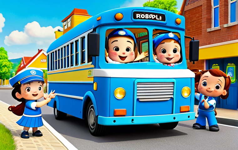 **

"A vibrant and cheerful scene of the Robocar Poli team (Poli, Roy, Amber, Helly) gathered around a school bus full of children in the sunny town of Broomestown, fully clothed, appropriate attire, safe for work, perfect anatomy, correct proportions, natural pose, well-formed hands, proper finger count, natural body proportions, family-friendly illustration, professional quality."

**