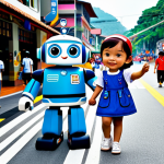 **

"Robocar Poli and his team (Amber, Roy, Helly) are helping children cross the road safely in a bustling town square in Malaysia, featuring local shops and colorful decorations, fully clothed, appropriate content, safe for work, perfect anatomy, natural proportions, professional illustration, family-friendly, modest, well-formed hands, proper finger count."

**