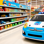 Robocar Poli Toys Display**

"A colorful display of Robocar Poli toys in a brightly lit toy store aisle, featuring Poli, Amber, Roy, and Helly vehicle figurines and a rescue station playset. The scene should be inviting and family-friendly. safe for work, appropriate content, fully clothed, professional photography, perfect anatomy, natural proportions"

**