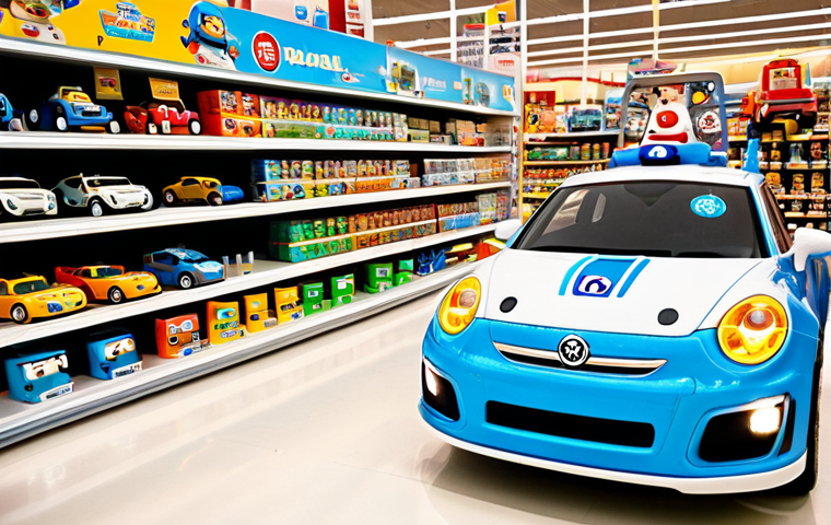 Robocar Poli Toys Display**

"A colorful display of Robocar Poli toys in a brightly lit toy store aisle, featuring Poli, Amber, Roy, and Helly vehicle figurines and a rescue station playset. The scene should be inviting and family-friendly. safe for work, appropriate content, fully clothed, professional photography, perfect anatomy, natural proportions"

**